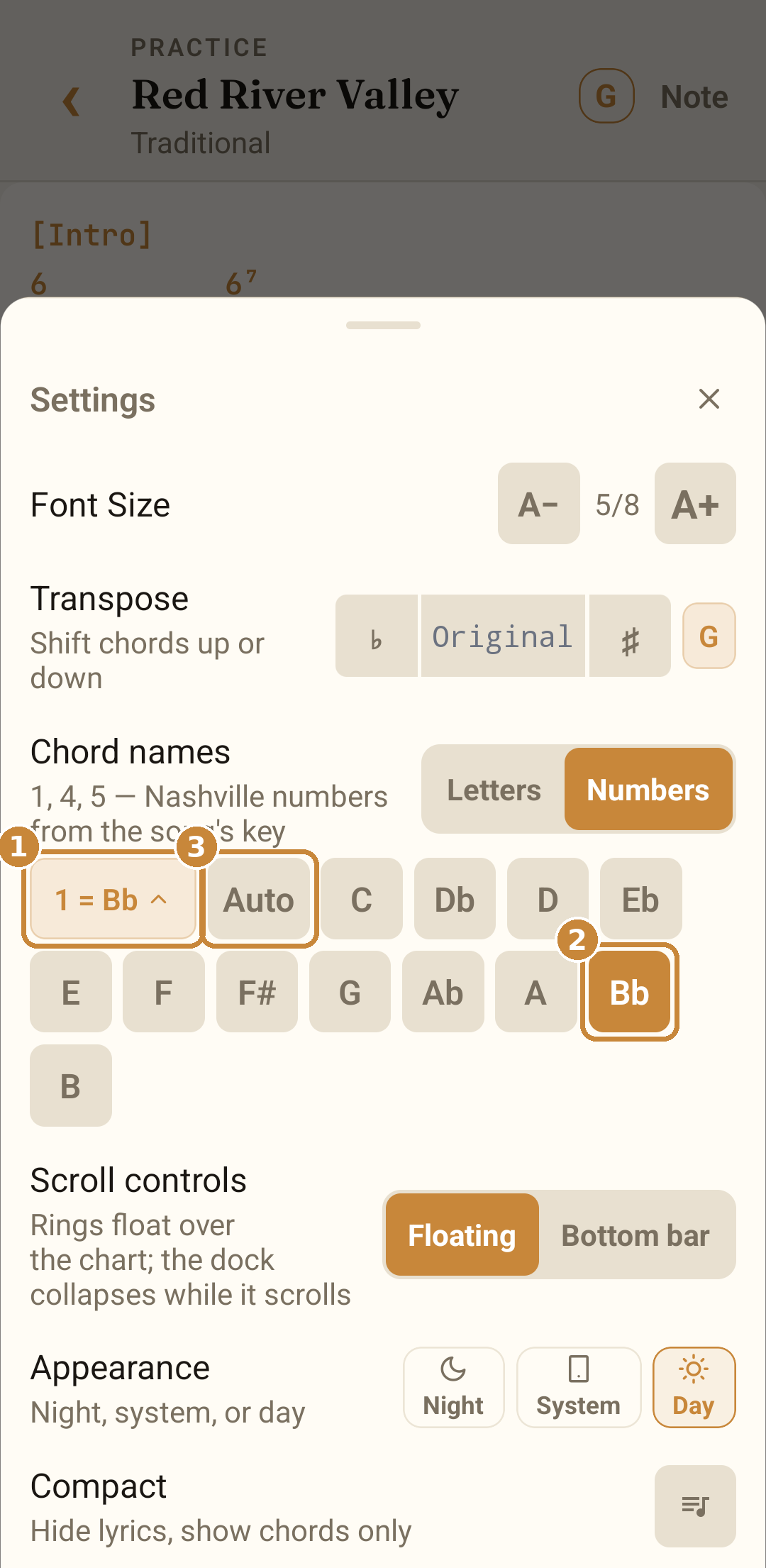 The key picker on the phone after picking Bb: the chip reading 1 = Bb, the highlighted Bb root and the Auto button each circled, and the chart above renumbered.