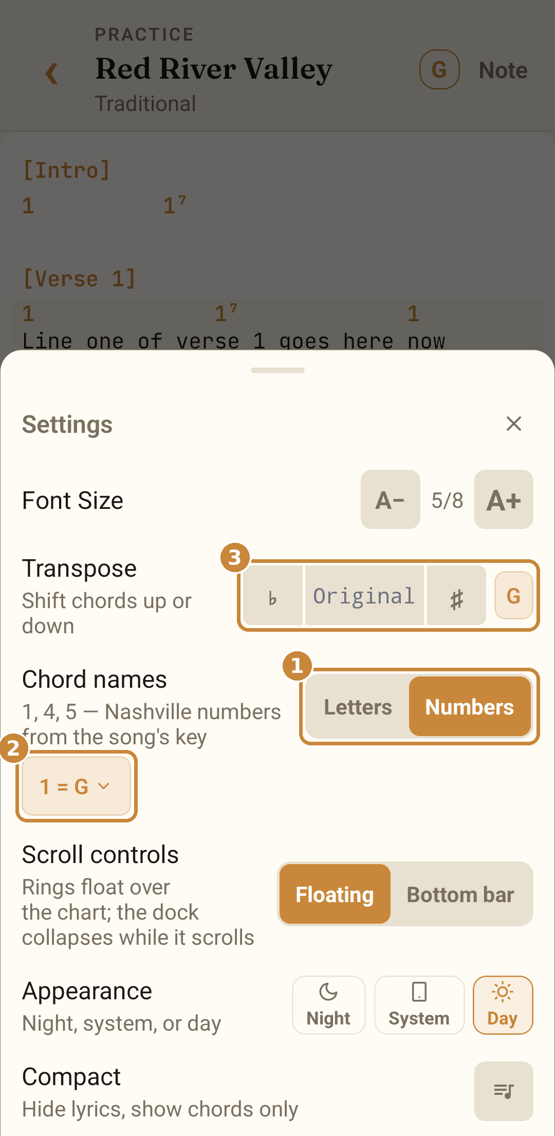 Practice settings sheet on the phone with Chord names set to Numbers, the 1 = G chip and the transpose stepper circled; the chart behind it reads in numbers.