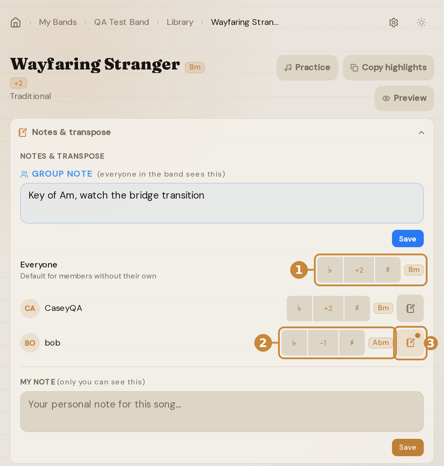 Band song page with the Notes and transpose panel open: the Everyone stepper at plus two, Bob's own row at minus one, and the note button for Bob, each circled.