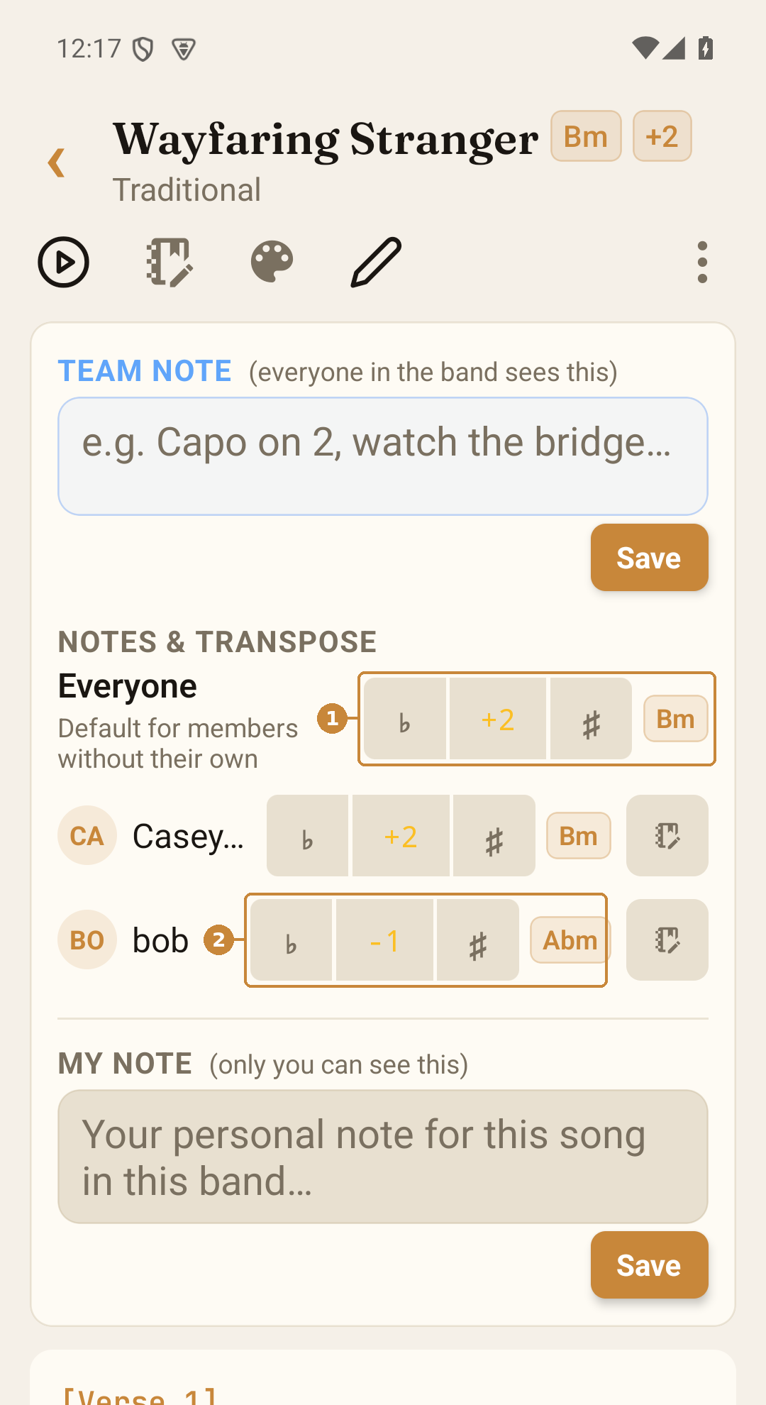 Transpose for the band on the phone — Notes and transpose panel on the phone, Everyone and Bob's row circled.