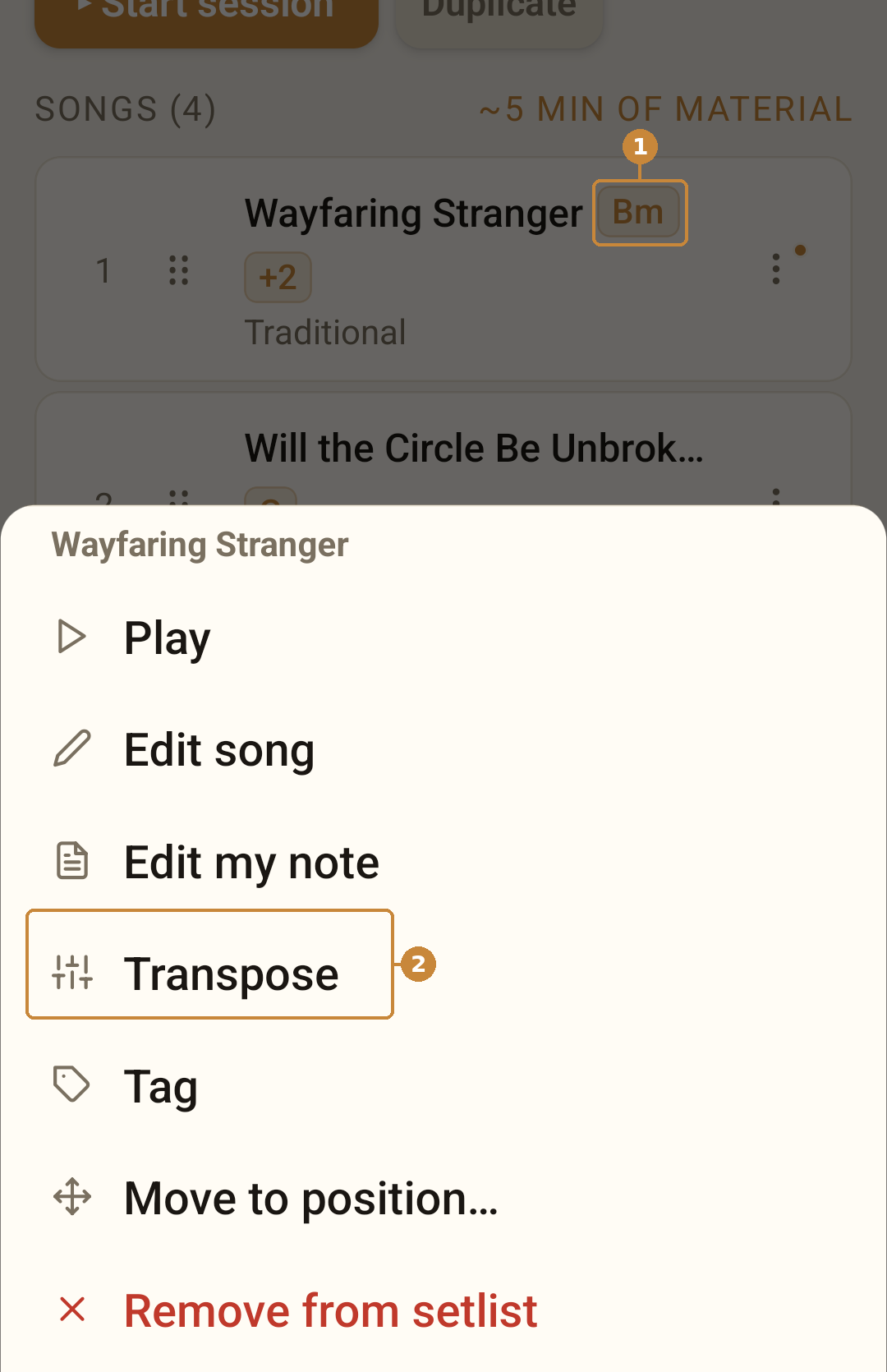 Transpose for the band on the phone — Setlist card menu on the phone, key badge and Transpose circled.