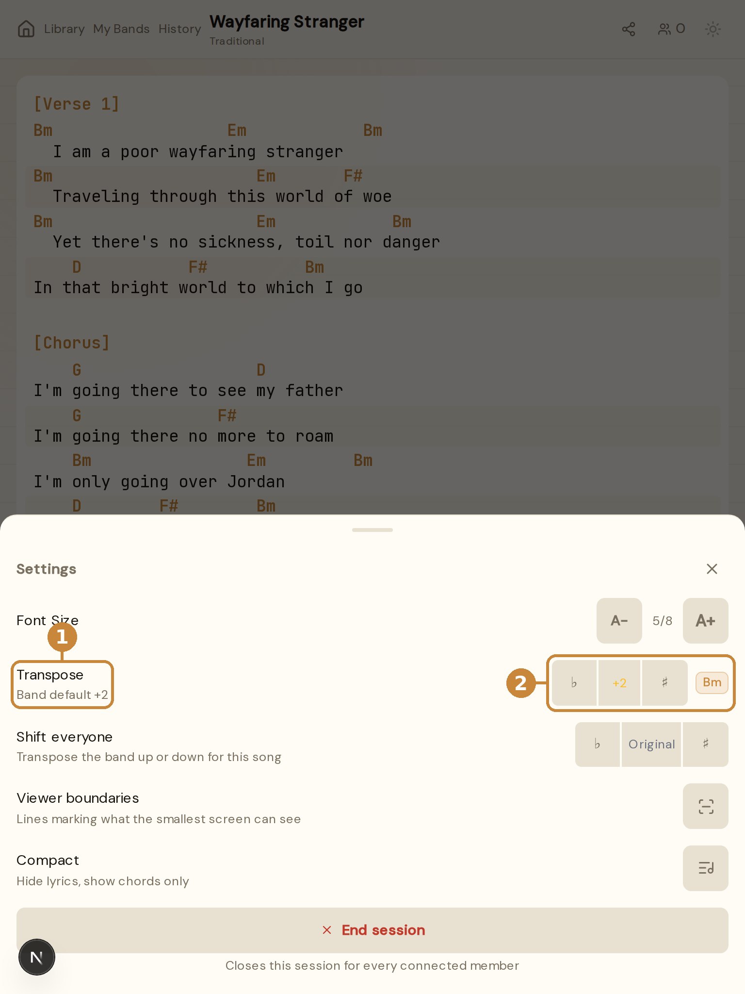 Live session settings sheet with the Band default plus two caption under Transpose circled, and the transpose stepper circled.